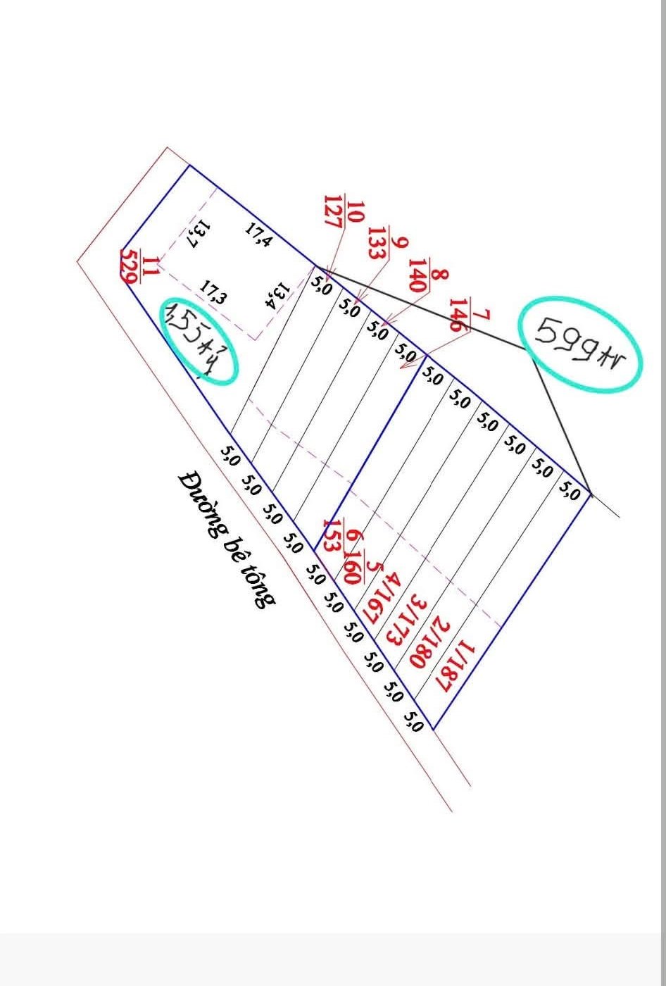 Sơ đồ dãy ~11 lô đất trung tâm Nam Ban – lô 599 triệu (146m²) bám đường bê tông, mỗi lô ngang 5m