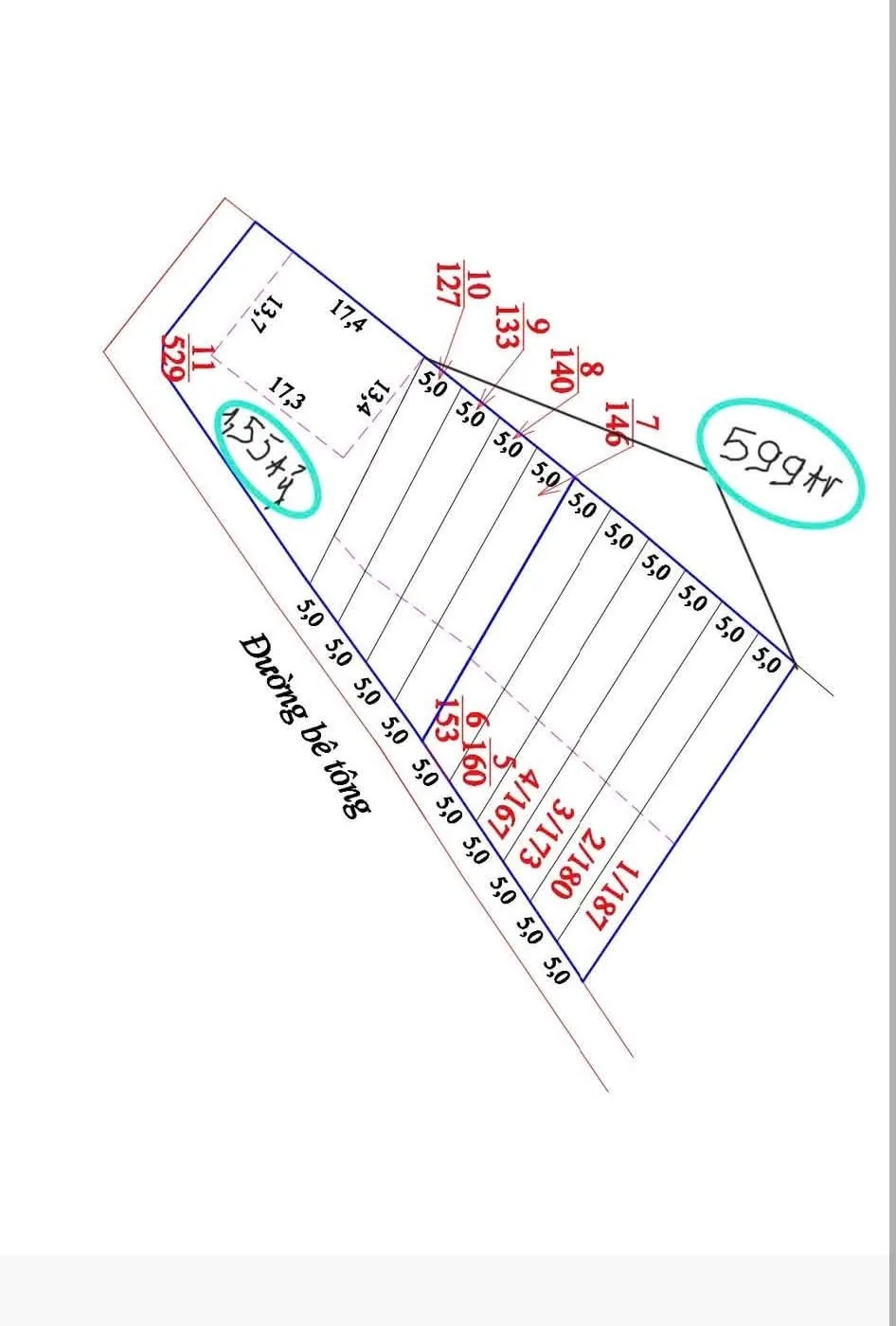 Sơ đồ dãy ~11 lô đất trung tâm Nam Ban – lô 599 triệu (146m²) bám đường bê tông, mỗi lô ngang 5m