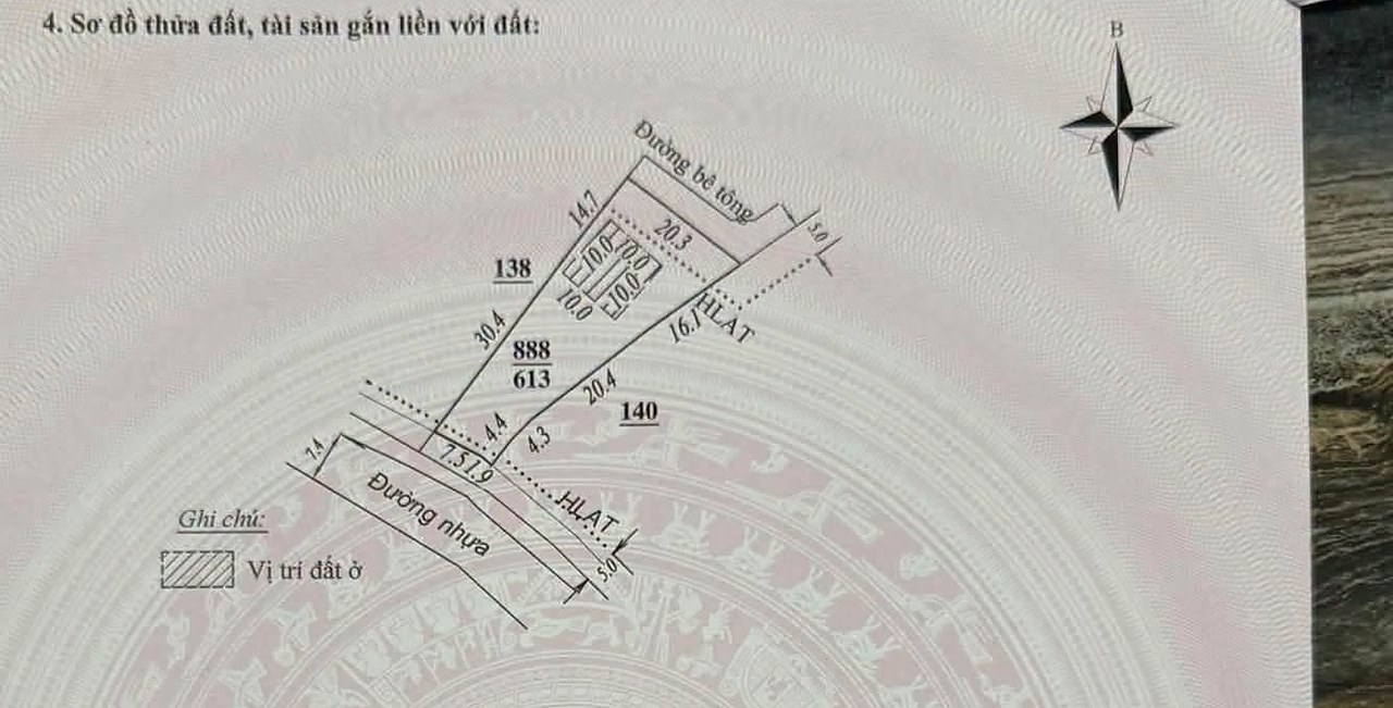 Sơ đồ thửa 888 tờ 53 Nam Ban, 613m²: mặt đường nhựa 9,4m, nở hậu giáp đường bê tông 20,3m, hai ô đất ở 10×10m gạch chéo