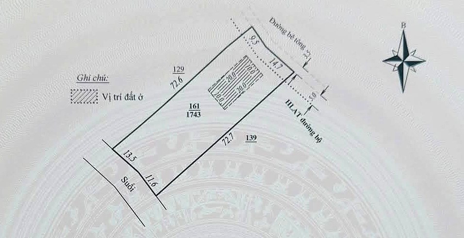 Sơ đồ thửa đất 161/1743 – mặt tiền 24m đường bê tông, dài ~72m, vị trí đất ở 200m², phía sau giáp suối