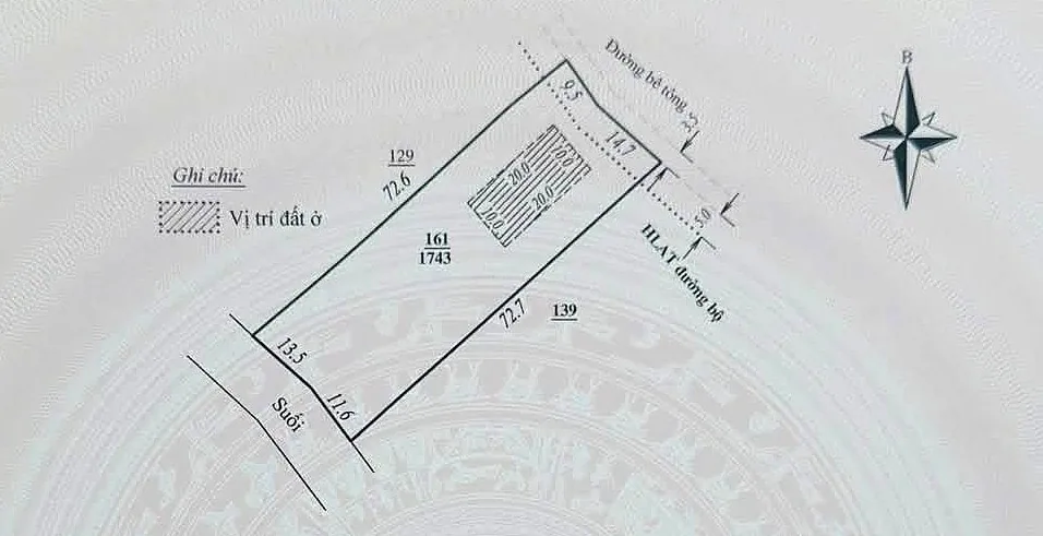 Sơ đồ thửa đất 161/1743 – mặt tiền 24m đường bê tông, dài ~72m, vị trí đất ở 200m², phía sau giáp suối