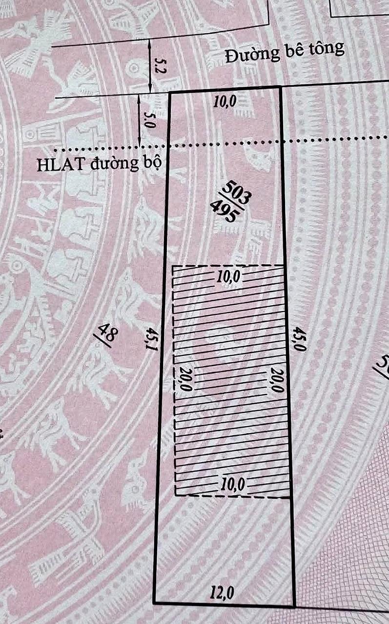 Sơ đồ thửa 503 – mặt tiền 10m đường bê tông, nở hậu 12m, dài 45m, vị trí đất ở 200m², hành lang an toàn đường bộ phía trước