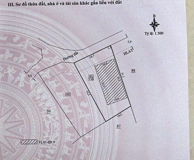 Sơ đồ thửa 162 – 538m², 200m² đất ở (ONT), 338m² cây lâu năm, mặt tiền ~18,7m, có hành lang an toàn đường bộ