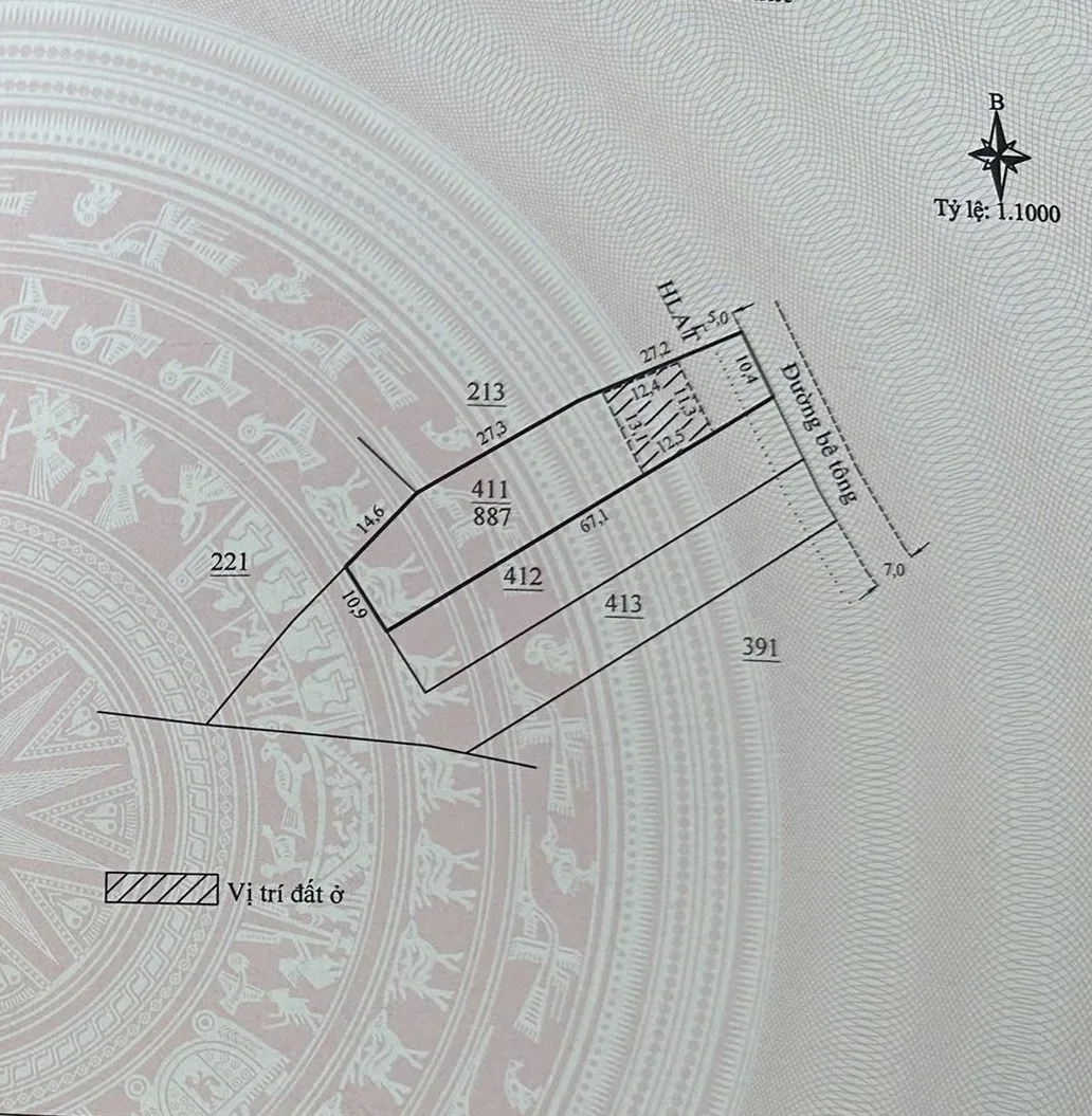 Sơ đồ thửa 411 tờ 22 xã Đông Thanh – 887m², phần 150m² đất ở (ONT) gạch chéo giáp đường bê tông, cạnh dài 67,1m, giáp thửa 213/221/412/413/391