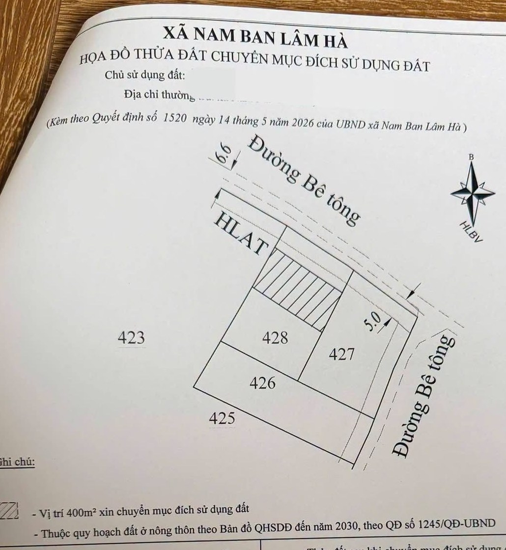 Họa đồ thửa 428 Đông Thanh Nam Ban – 1.161m², vị trí 400m² xin chuyển mục đích sang đất ở (ONT), bám đường bê tông 2 mặt