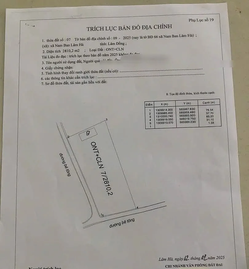 Trích lục bản đồ địa chính thửa 07 – 2.810,2m² đất ONT+CLN xã Nam Ban, Lâm Hà (đã che thông tin cá nhân)