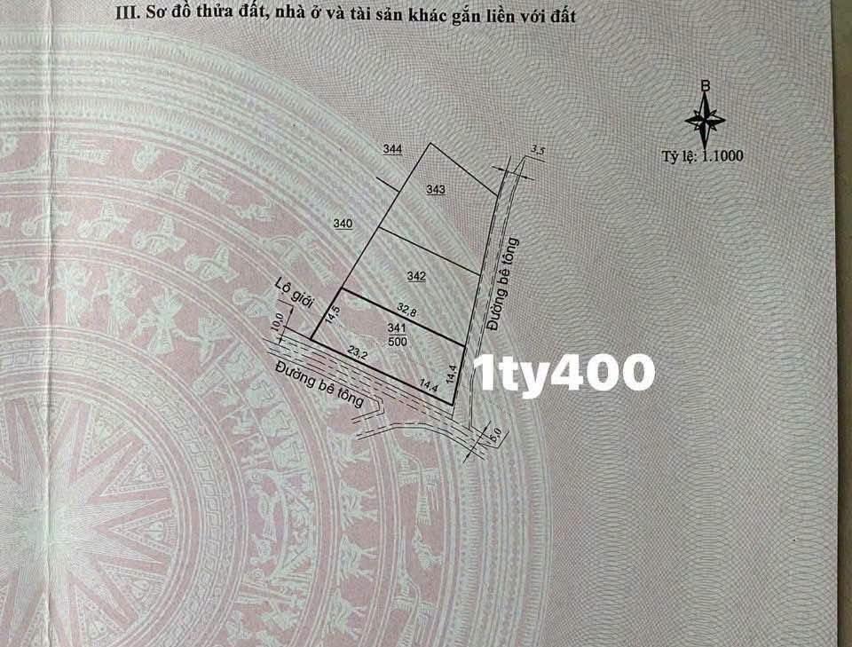 Sơ đồ thửa 341 tờ 16 (500m²) khu Thành Công Nam Ban – lô góc 2 mặt tiền đường bê tông, MT 14,4m, cạnh 23,2m, sâu 32,8m