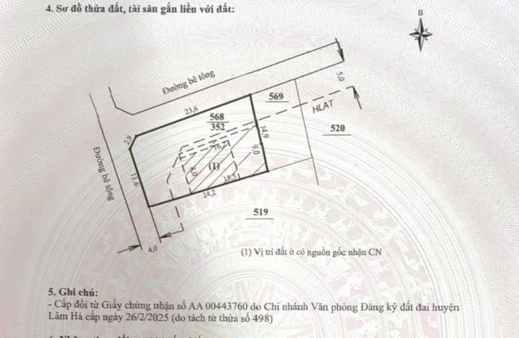 Sơ đồ thửa đất 568 – lô góc 352m², 2 mặt đường bê tông, kích thước cạnh