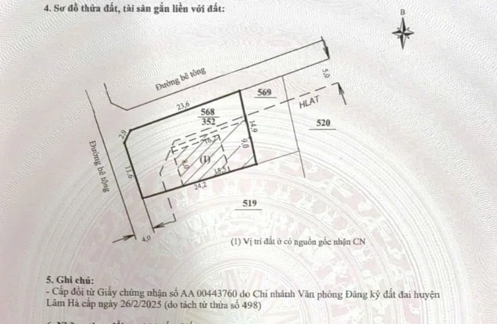 Sơ đồ thửa đất 568 – lô góc 352m², 2 mặt đường bê tông, kích thước cạnh
