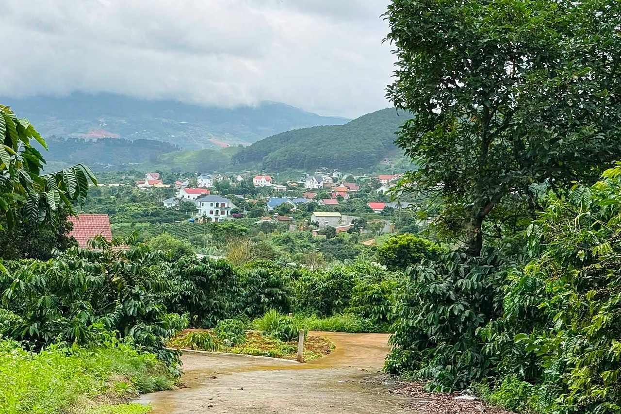 View từ lô đất nhìn xuống khu dân cư và thung lũng Mê Linh, đồi núi ven Đà Lạt