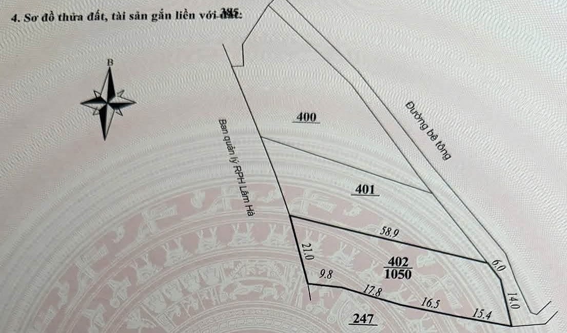 Sơ đồ thửa 402, 1.050m² ở Mê Linh, Nam Ban: cạnh 6m + 14m giáp đường bê tông, phía tây giáp đất rừng phòng hộ, không đánh dấu ô đất ở