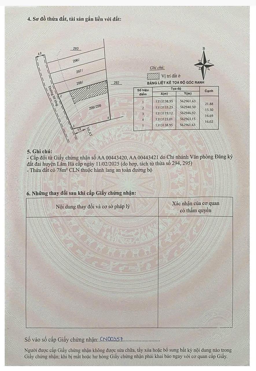 Sổ đỏ lô đất 300m² Mê Linh – sơ đồ thửa, mặt tiền 15m nở hậu 16m, đường bê tông