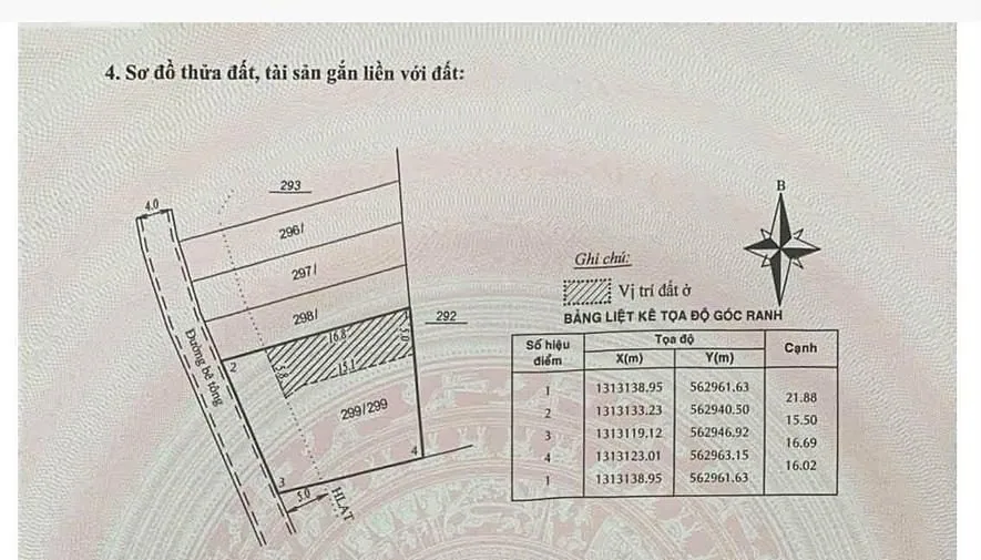 Sổ đỏ lô đất 300m² Mê Linh – sơ đồ thửa, mặt tiền 15m nở hậu 16m, đường bê tông