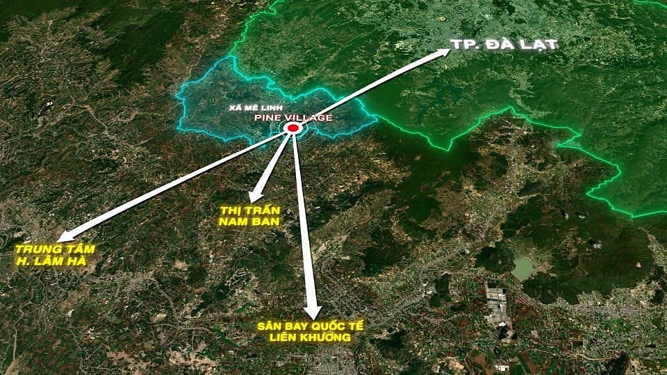 Bản đồ vị trí Pine Village xã Mê Linh – hướng đi TP Đà Lạt, thị trấn Nam Ban, sân bay Liên Khương, trung tâm Lâm Hà