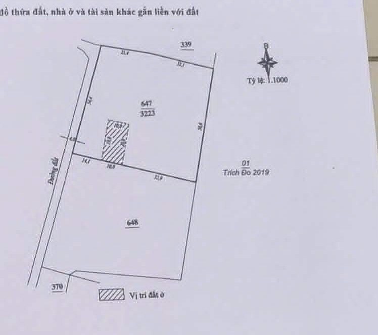 Sơ đồ thửa 647 lô đất 3.223m² Nam Ban – vị trí 200m² đất ở, mặt tiền đường, thửa 648 và 339