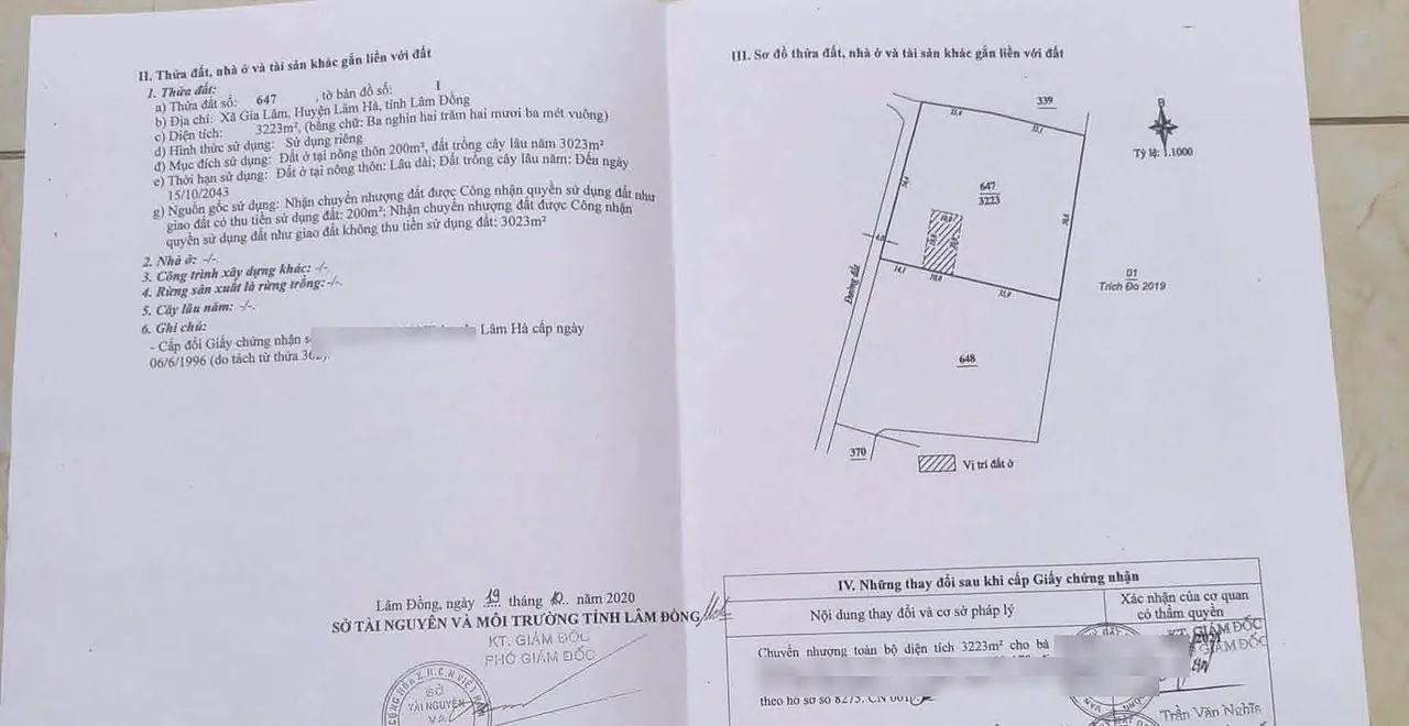 Giấy chứng nhận quyền sử dụng đất thửa 647 xã Nam Ban – sổ riêng 3.223m², 200m² thổ cư (đã che thông tin cá nhân)