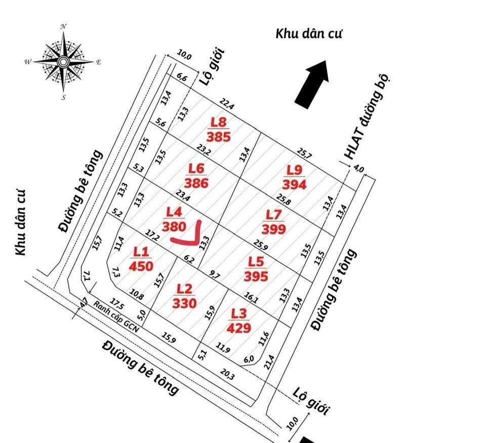 Sơ đồ phân lô khu đất – vị trí lô L4 380m² và các lô lân cận, kích thước cạnh