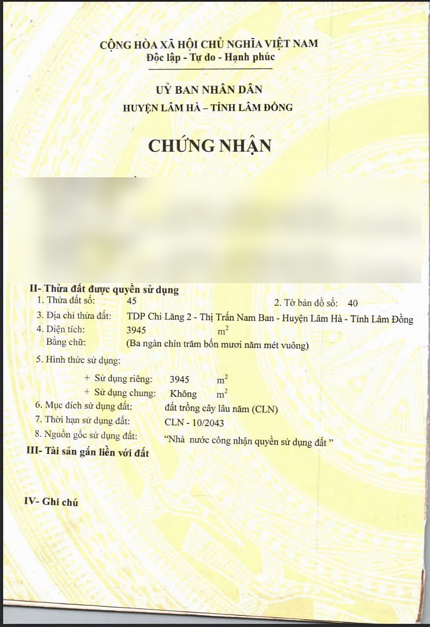 Sổ thửa 45 (3.945m²) Chi Lăng Nam Ban – đã làm mờ thông tin cá nhân chủ đất