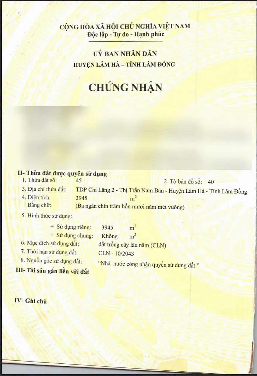 Sổ thửa 45 (3.945m²) Chi Lăng Nam Ban – đã làm mờ thông tin cá nhân chủ đất