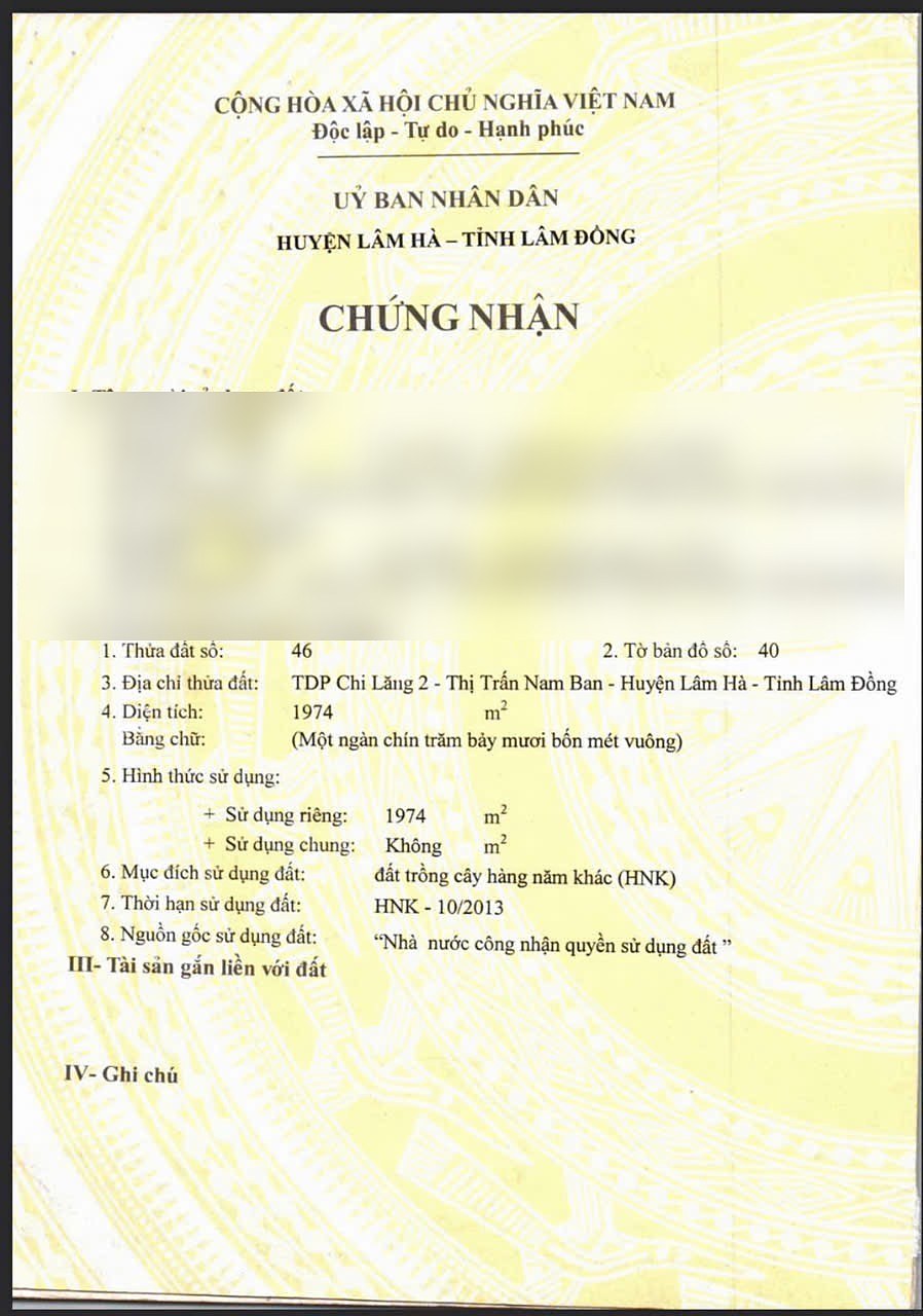 Sổ thửa 46 (1.974m²) Chi Lăng Nam Ban – đã làm mờ thông tin cá nhân chủ đất