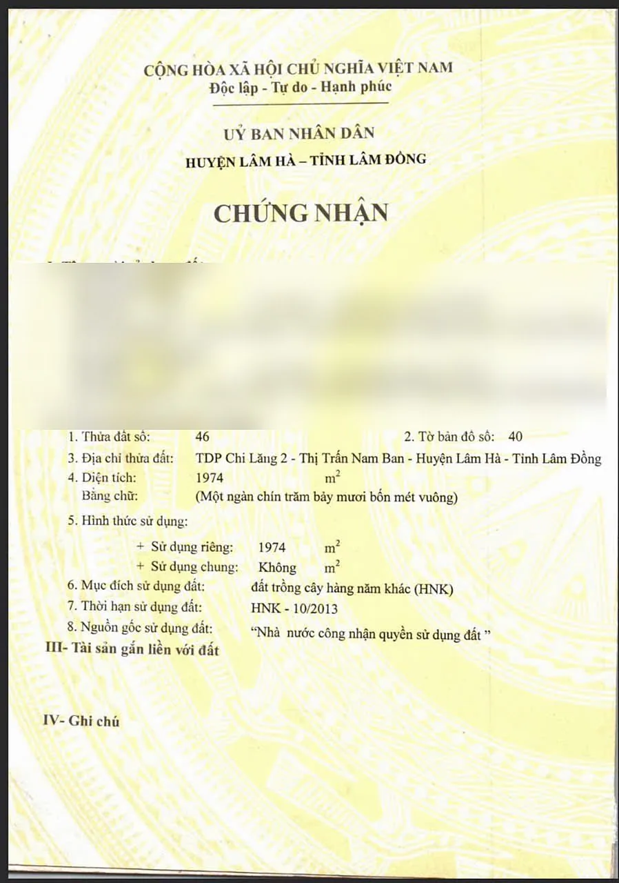 Sổ thửa 46 (1.974m²) Chi Lăng Nam Ban – đã làm mờ thông tin cá nhân chủ đất