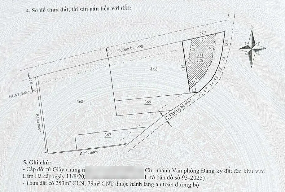 Sơ đồ sổ hồng thửa 571 (726m²) biệt thự Nam Ban – lô góc 2 đường bê tông, ghi chú phần thuộc hành lang an toàn đường bộ
