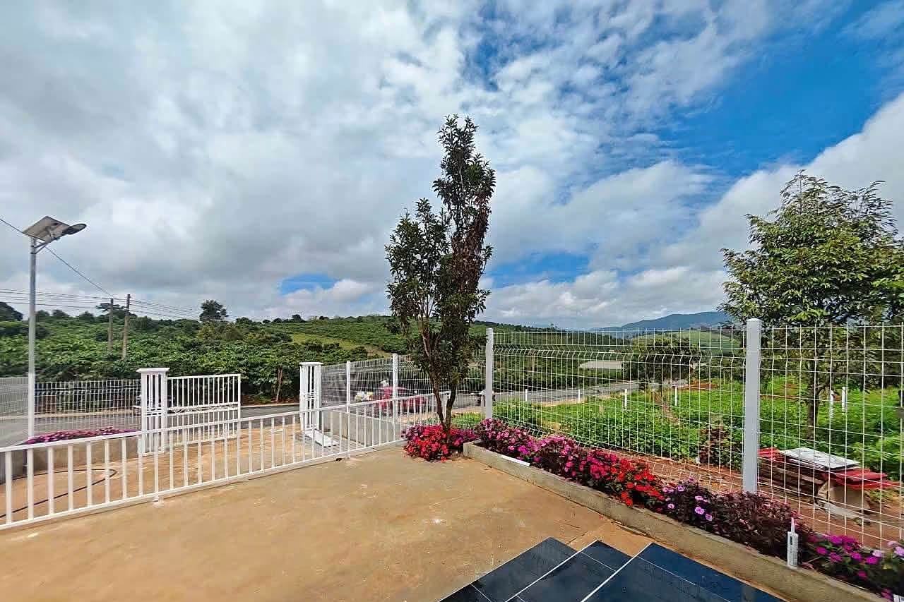 Sân trước nhà vườn Nam Ban 250m² – hàng rào lưới trắng, bồn hoa, mặt tiền đường nhựa 8m có đèn năng lượng, nhìn ra đồi cà phê