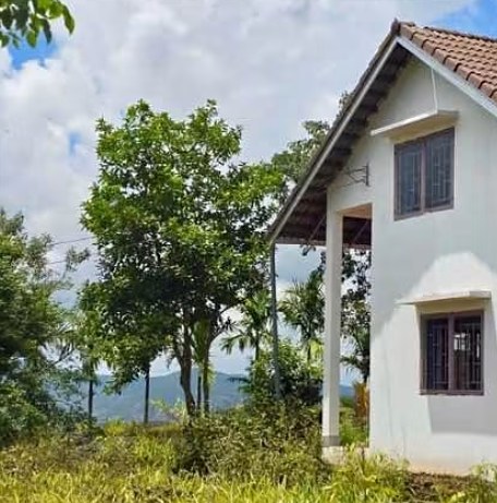 Góc nhà hiện hữu trong khuôn viên nhà vườn Nam Hà, tường trắng, mái ngói, cây xanh