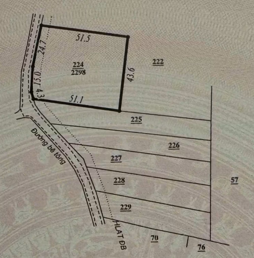 Sơ đồ thửa 224, 2.298m² ở Nam Hà (giáp Nam Ban): cạnh giáp đường bê tông khoảng 44m, sâu khoảng 51m