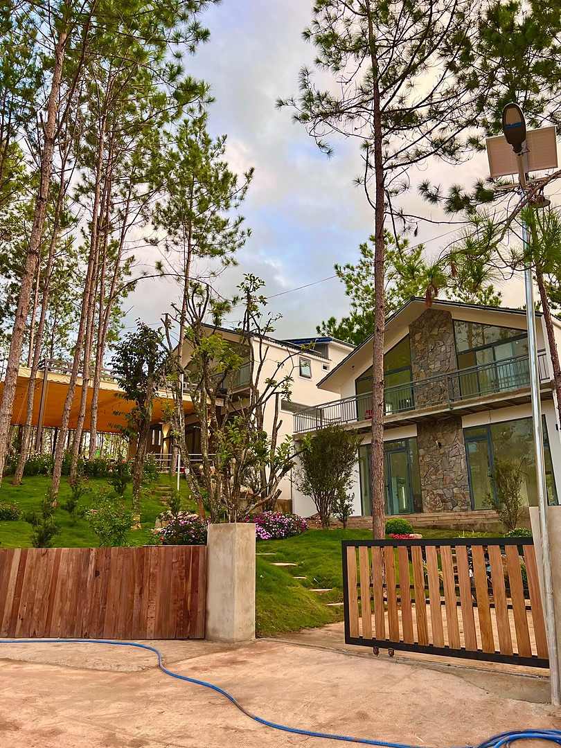 Villa HT86 Nam Ban nhìn từ cổng gỗ – rừng thông bao quanh, vườn hoa, khu dân cư nghỉ dưỡng