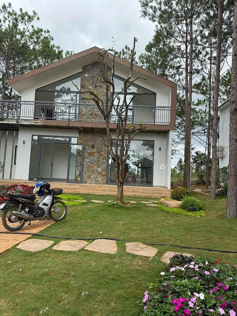 Mặt tiền villa HT86 Nam Ban, cửa kính lớn, sân cỏ và lối đá dạo giữa rừng thông